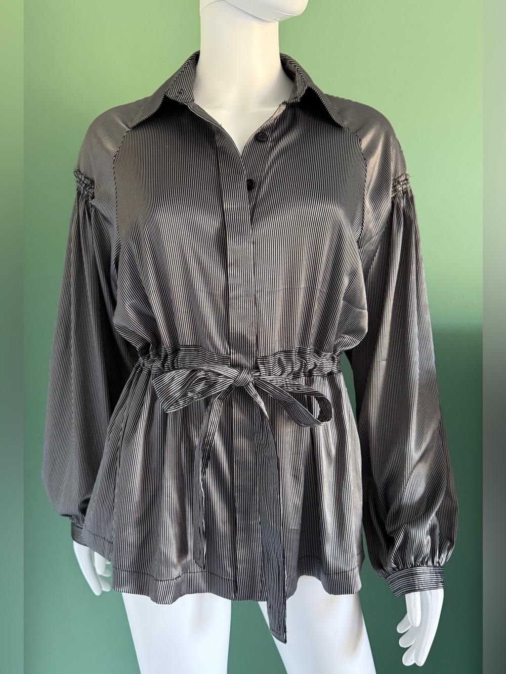 Lapis Black and White Pinstriped Satin Button Down Blouse with Tie Waist